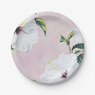 Elegante witte hibiscus op zachte roze achtergrond papieren bordje
