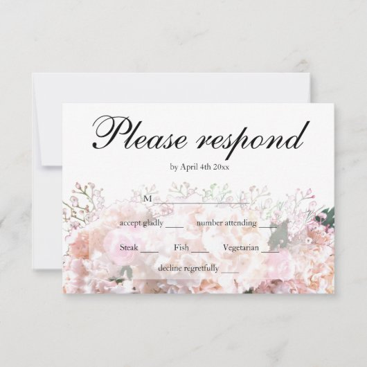 Elegante witte hortensia als roze rozen RSVP (Voorkant)