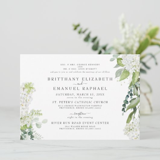 Elegante witte hortensia beide ouders bruiloft kaart (Staand voorkant)