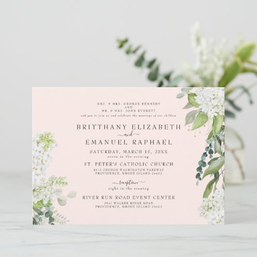 Elegante witte hortensia blush beide ouders bruilo kaart (Staand voorkant)