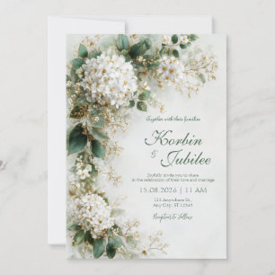 Elegante Witte Hortensia Goud Botanische Bruiloft Kaart