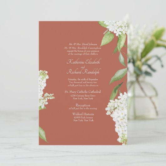 Elegante witte hortensia kaneel bruiloft kaart (Staand voorkant)