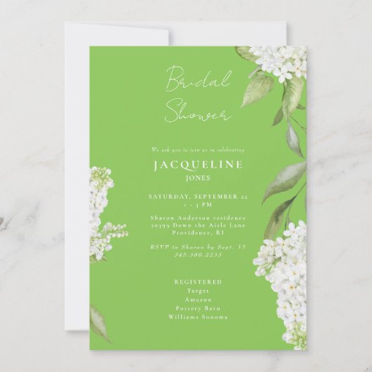 Elegante witte hortensia limoengroene bruidsdouche kaart (Voorkant)