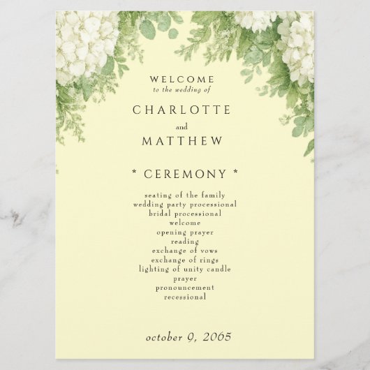 Elegante Witte Hortensia's Gele Trouwprogramma II Programmakaart (Voorkant)