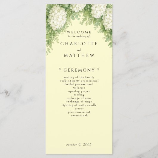 Elegante witte hortensia's gele trouwprogramma menu (Voorkant)