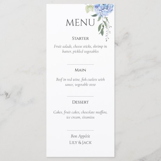 Elegante witte Hydrangea bruiloft Menu (Voorkant)