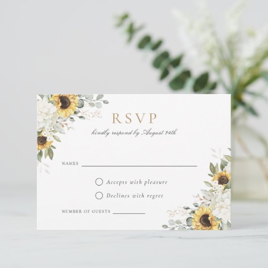 Elegante Witte Hydrangea Zonnebloemen Bruiloft RSV Kaart (Staand voorkant)