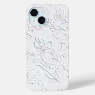 Elegante witte in reliëf gemaakte bloementelefoonh iPhone 15 case