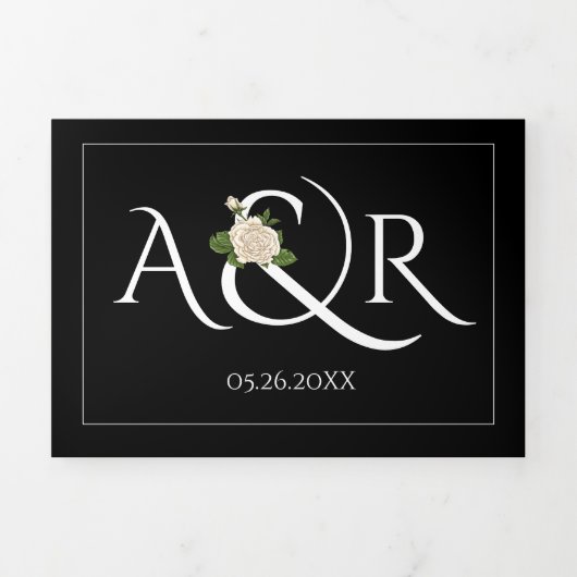 Elegante witte initialen en ampersand, rozen bruil drieluik uitnodiging (Cover)