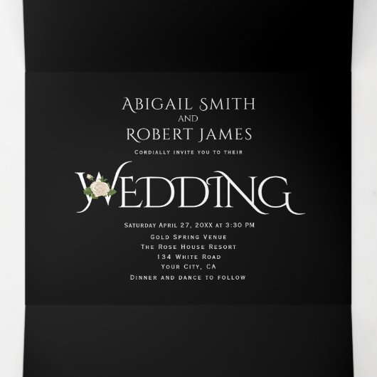 Elegante witte initialen en ampersand, rozen bruil drieluik uitnodiging (Binnenkant midden)