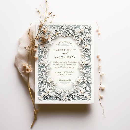 Elegante witte iris bruiloft faux reliëf ontwerp kaart