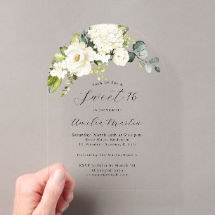 Elegante Witte Ivoor Bloemrijke Boog Sweet Sixteen Acryl Uitnodigingen