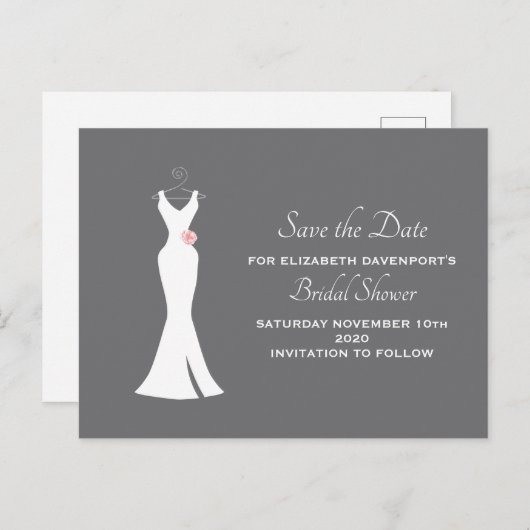 Elegante witte jurk op grijs - Stijlvol Save the D Uitnodiging Briefkaart (Voorkant / Achterkant)