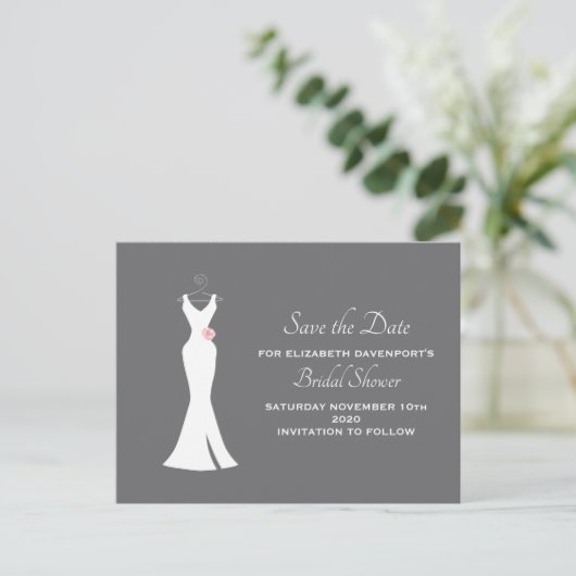 Elegante witte jurk op grijs - Stijlvol Save the D Uitnodiging Briefkaart (Staand voorkant)