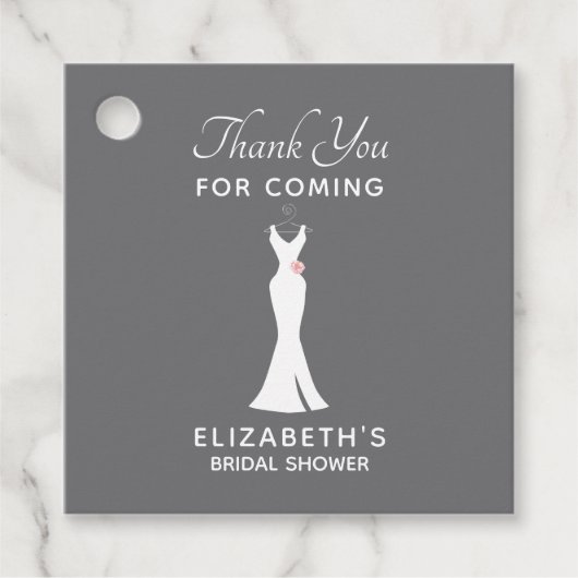 Elegante witte jurk op grijs - stijlvolle bruidsdo bedankjes labels (Voorkant)