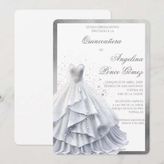 Elegante Witte jurk quinceañera uitnodiging (Voorkant / Achterkant)