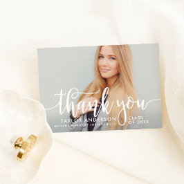 Elegante witte kalligrafie afstudeerfoto bedankkaart