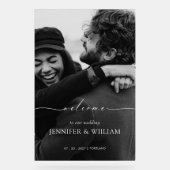 Elegante witte kalligrafie bruiloft welkom foto acryl bord (Voorkant)