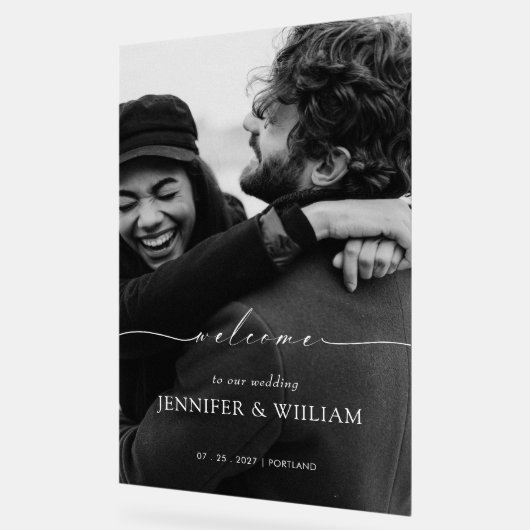 Elegante witte kalligrafie bruiloft welkom foto acryl bord (Hoek)