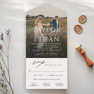 Elegante witte kalligrafie foto bruiloft all in one uitnodiging