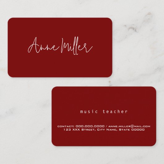 Elegante witte kalligrafie Naam op donkerrood Visitekaartje (Voorkant / Achterkant)