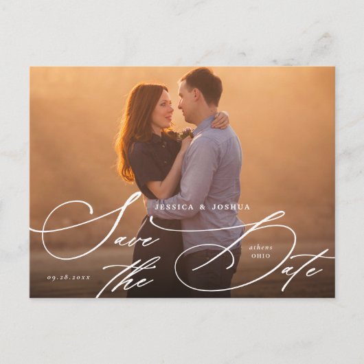 Elegante witte kalligrafie Save the Date Briefkaart (Voorkant)