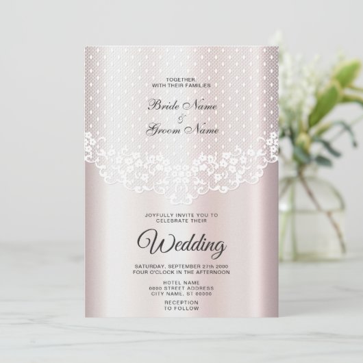 Elegante witte kant Bloemen bruiloft uitnodiging (Staand voorkant)