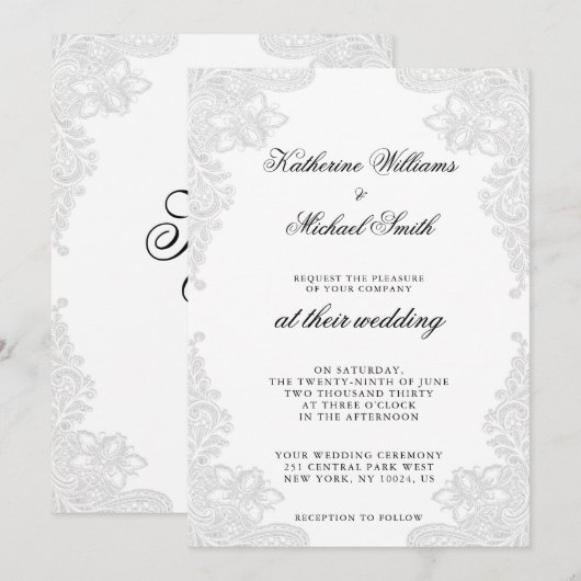 Elegante witte kant bruiloft uitnodigingen (Voorkant / Achterkant)