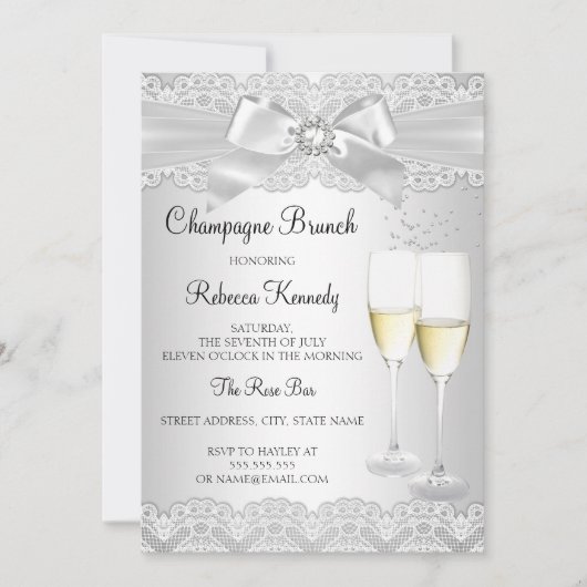 Elegante witte kant champagne brunch uitnodiging (Voorkant)
