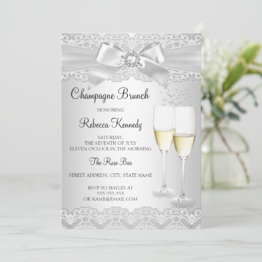 Elegante witte kant champagne brunch uitnodiging (Staand voorkant)