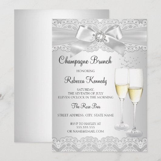Elegante witte kant champagne brunch uitnodiging (Voorkant / Achterkant)
