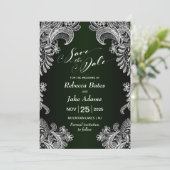 Elegante Witte Kant Groene Trouw Save The Date (Staand voorkant)