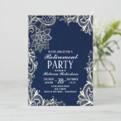elegante witte kant marine blauw Retirement Party Kaart (Staand voorkant)