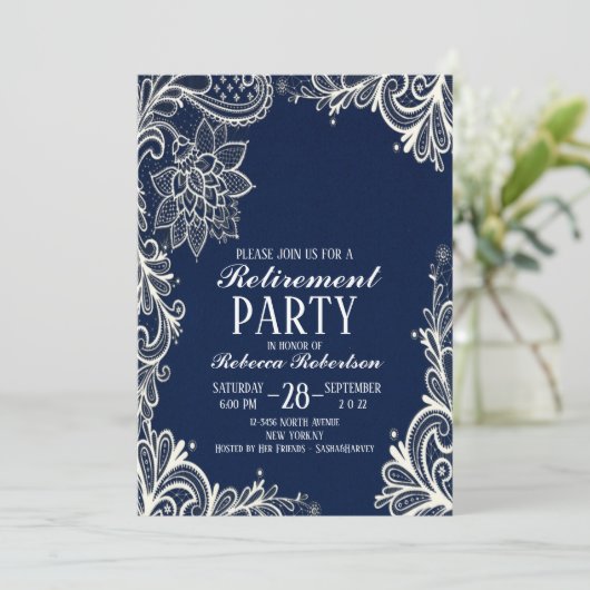 elegante witte kant marine blauw Retirement Party Kaart (Staand voorkant)