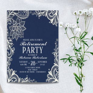 elegante witte kant marine blauw Retirement Party Kaart