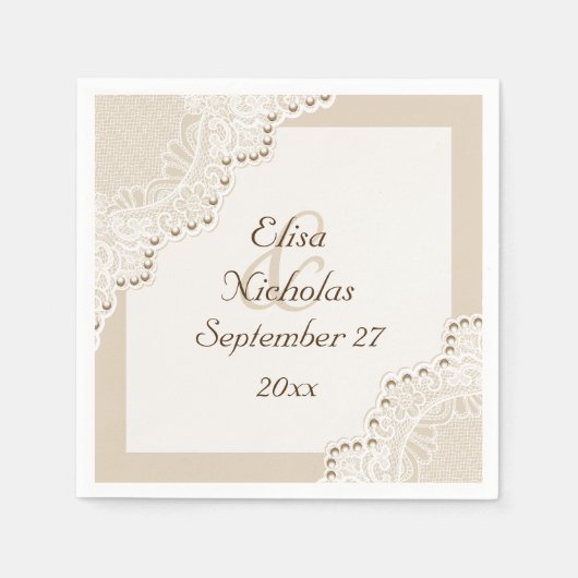 Elegante witte kant met parels beige bruiloft servet (Voorkant)