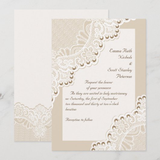 Elegante witte kant met parels bruiloft kaart (Voorkant / Achterkant)