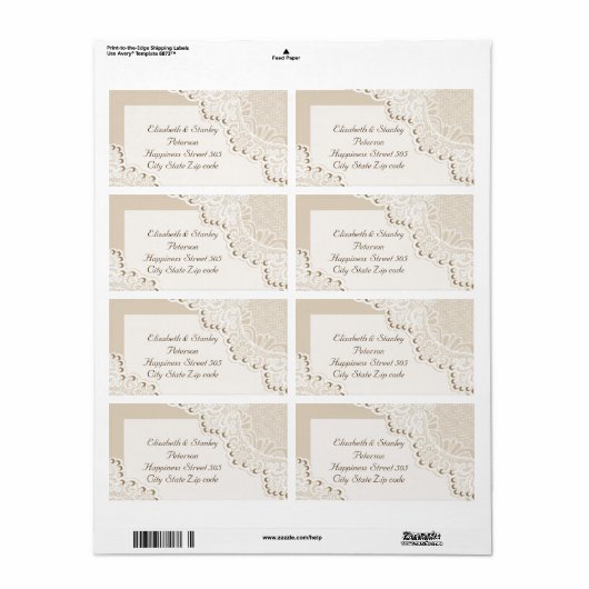 Elegante witte kant met parels bruiloft label (Full Sheet)