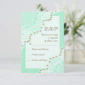 Elegante witte kant met parels mint bruiloft RSVP (Staand voorkant)