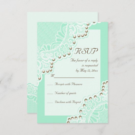 Elegante witte kant met parels mint bruiloft RSVP (Voorkant / Achterkant)