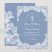 Elegante Witte Kant op Blauwe Huwelijksuitnodiging Kaart (Voorkant / Achterkant)