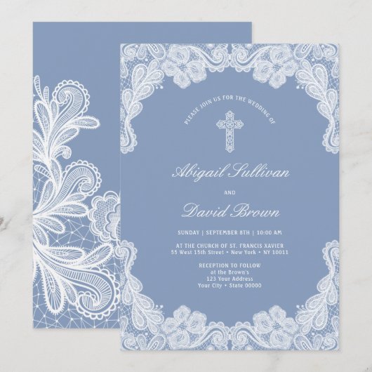 Elegante Witte Kant op Blauwe Huwelijksuitnodiging Kaart (Voorkant / Achterkant)