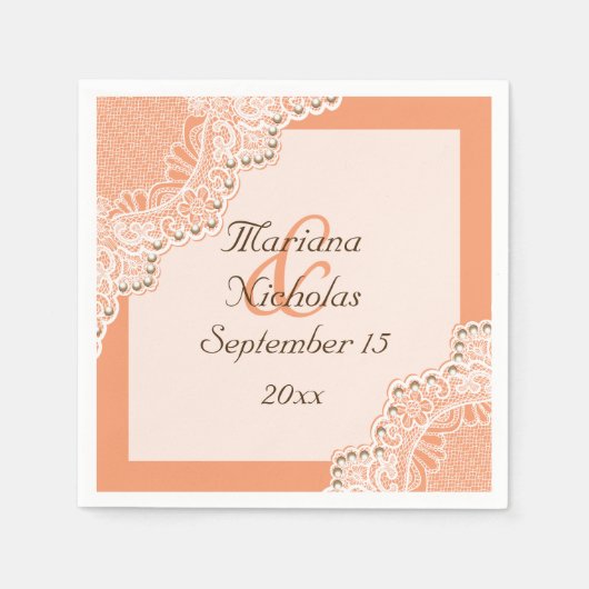 Elegante witte kant & parels koraal sinaasappel br servet (Voorkant)