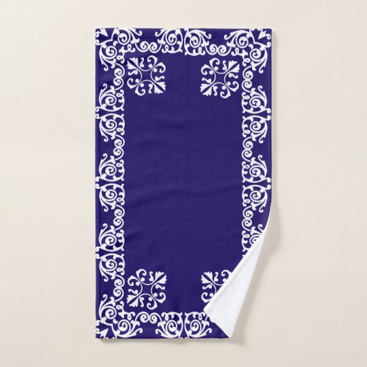 Elegante Witte Kant Vector op Marine Blauw Bad Handdoek (Handdoek)