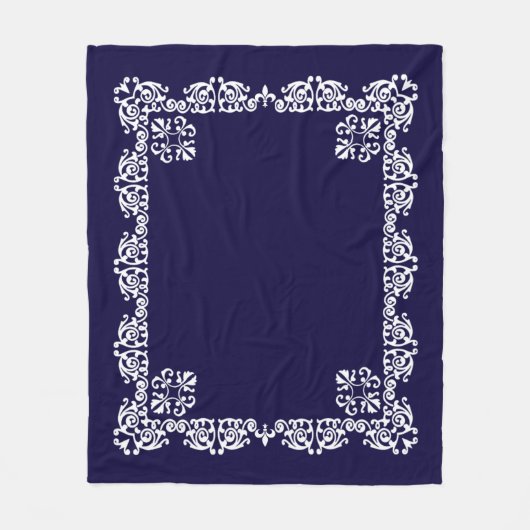 Elegante Witte Kant Vector op Marine Blauw Fleece Deken (Voorkant)