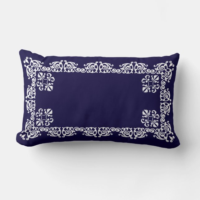 Elegante witte kant vector op marineblauw kussen (Voorkant)