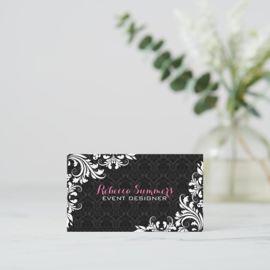 Elegante witte kant zwarte damast visitekaartje (Staand voorkant)