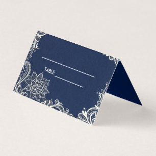 elegante witte kanten marineblauwe Place Card Visitekaartje