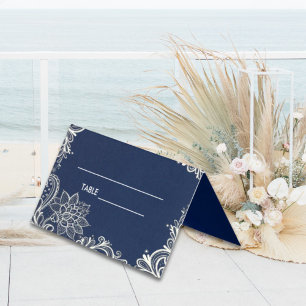 elegante witte kanten marineblauwe Place Card Visitekaartje