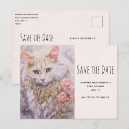 Elegante witte kat in diamanten juwelen Save the D Uitnodiging Briefkaart